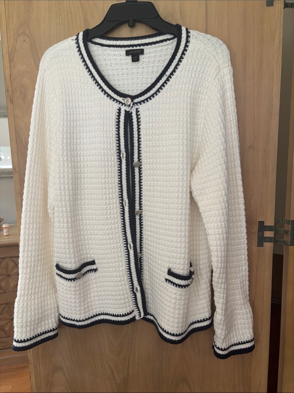 J. Jill White Knit Cardigan with Navy Trim